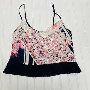 French Connection Floral Pink White Orange w Dark Blue Pleated Trim Sz 2